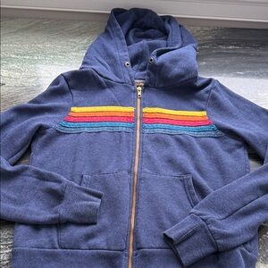 Aviator Nation Blue Hoodie with Rainbow Stripes